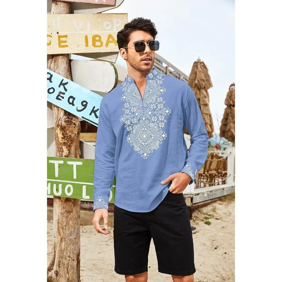 Men's Blue Shirt Long Sleeve Floral Print Casual Cotton Beach Hippie T Shirt - Picture 2 of 7